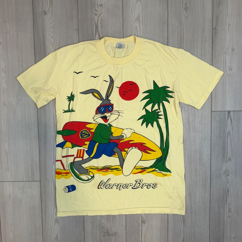 Vintage Warner Bros Bugs Bunny Surfing Graphic T-Shirt Yellow 90s Looney Tunes